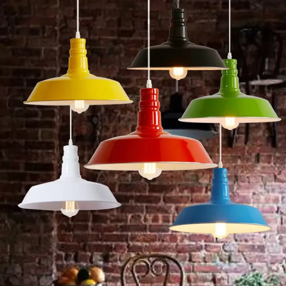Industrial Barn Shade Pendant Lamp With Rolled-Trim Head - Red/Yellow/White Finish Black