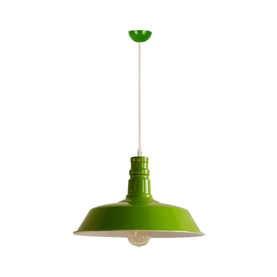 Industrial Barn Shade Pendant Lamp With Rolled-Trim Head - Red/Yellow/White Finish Green