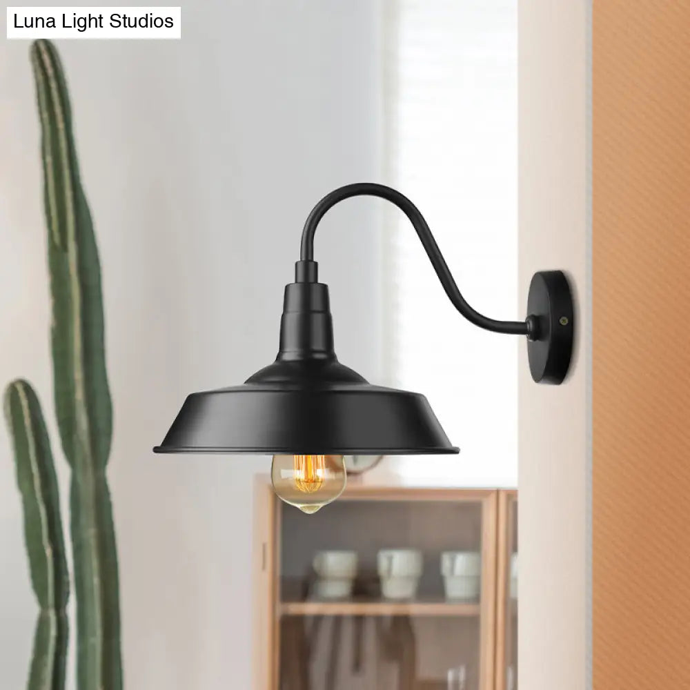 Industrial Barn Wall Sconce With Gooseneck Arm - Black/White 1 Light 10/14 Width