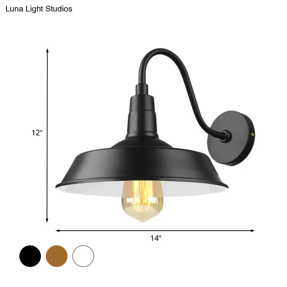 Industrial Barn Wall Sconce With Gooseneck Arm - Black/White 1 Light 10/14 Width