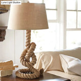 Industrial Barrel Desk Lamp With Coarse Knots Rope Base - Fabric White 1 Head Perfect For Living