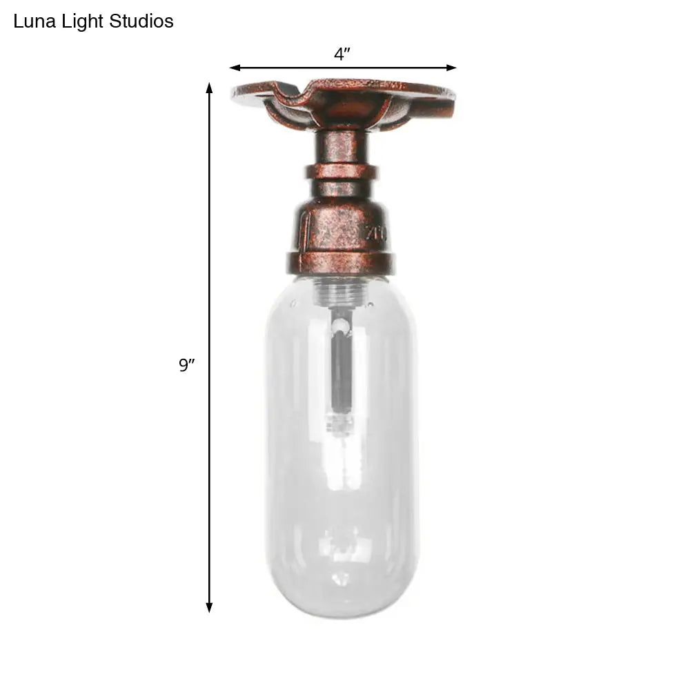 Industrial Bathroom Semi Flush Ceiling Light Fixture With Clear Glass Oval Shade In Weathered