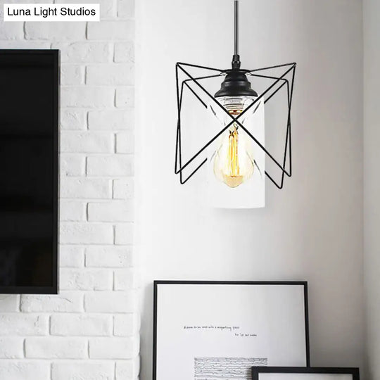 Hanging Wire Frame Ceiling Light With Metal Shade - Industrial Bedroom Pendant Lighting Black