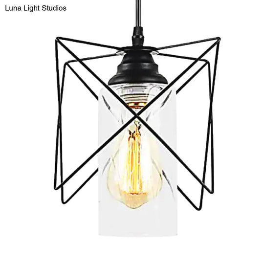 Hanging Wire Frame Ceiling Light With Metal Shade - Industrial Bedroom Pendant Lighting