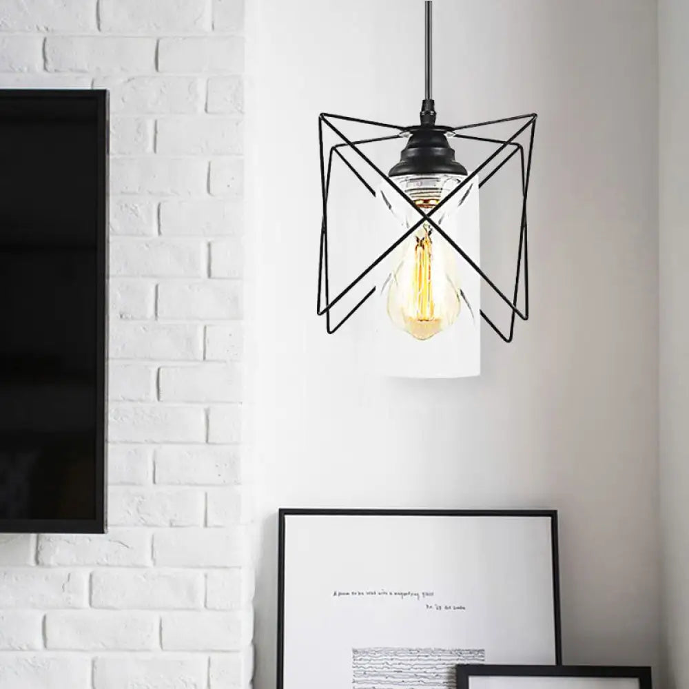 Industrial Bedroom Pendant Light With Metal Wire Frame Shade - Sleek Hanging Ceiling Fixture Black