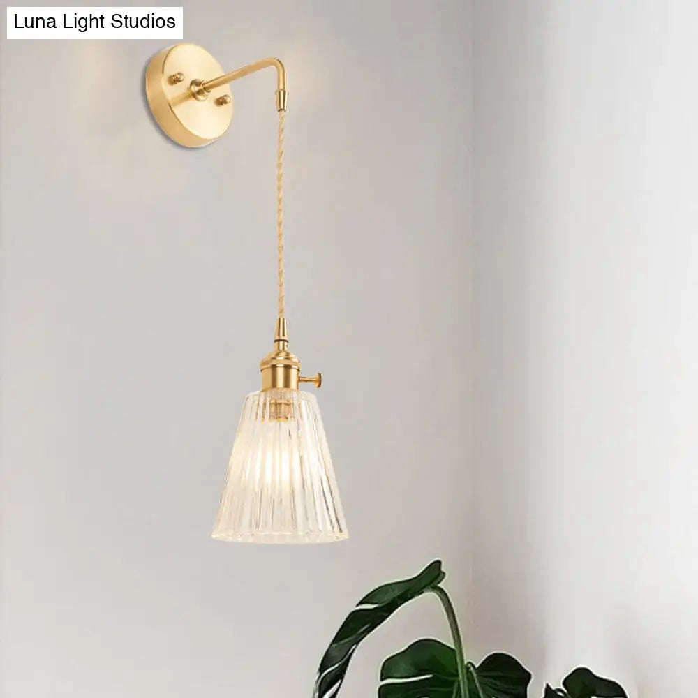 Industrial Bedroom Sconce With Clear Textured Glass Cone Shade - Wall Light Fixture