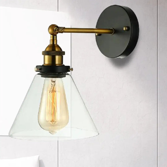 Industrial Bedroom Wall Lamp - Clear Glass Sconce Light With Black Conical Fixture