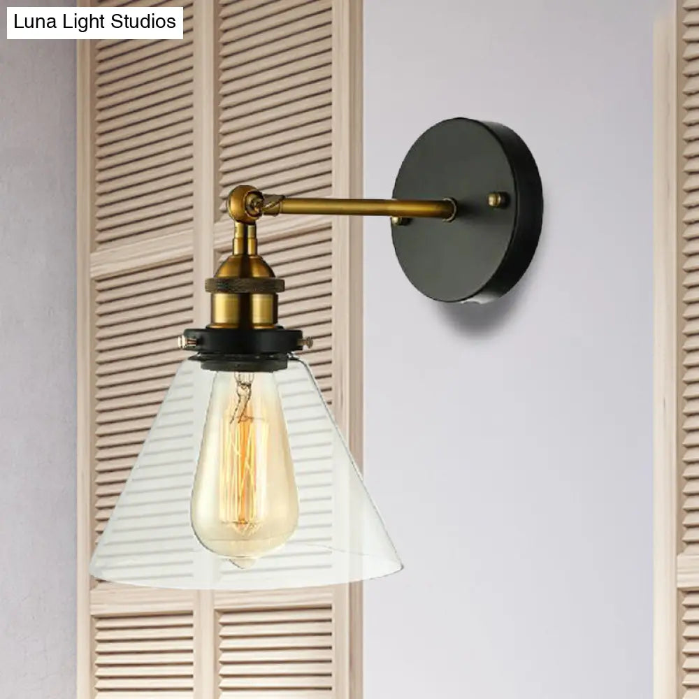 Industrial Bedroom Wall Lamp - Clear Glass Sconce Light With Black Conical Fixture