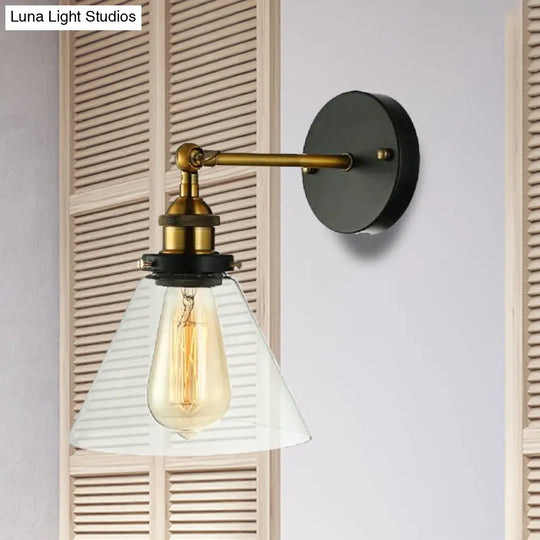 Industrial Bedroom Wall Lamp - Clear Glass Sconce Light With Black Conical Fixture