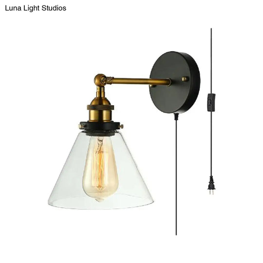 Industrial Bedroom Wall Lamp - Clear Glass Sconce Light With Black Conical Fixture