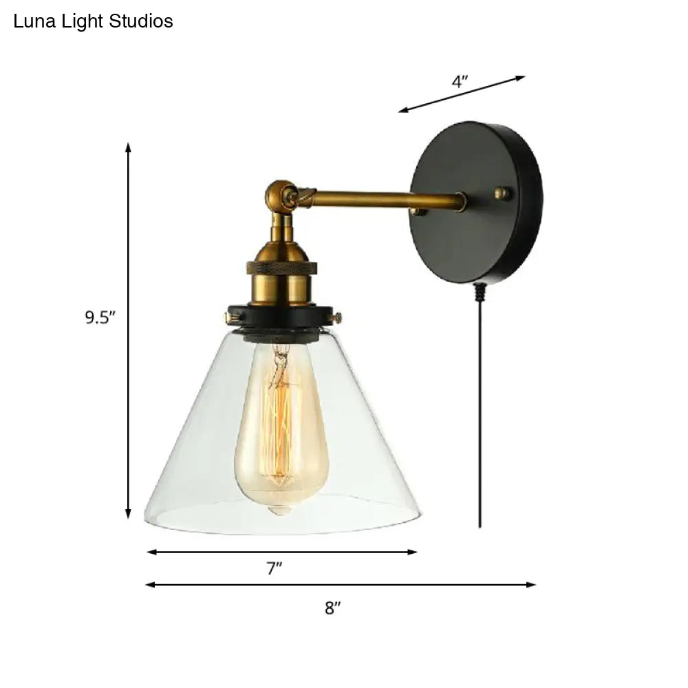 Industrial Bedroom Wall Lamp - Clear Glass Sconce Light With Black Conical Fixture