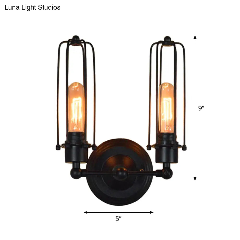 Industrial Bedroom Wall Lamp With 1/2-Head Rotatable Design Tube Metal Cage Black Finish