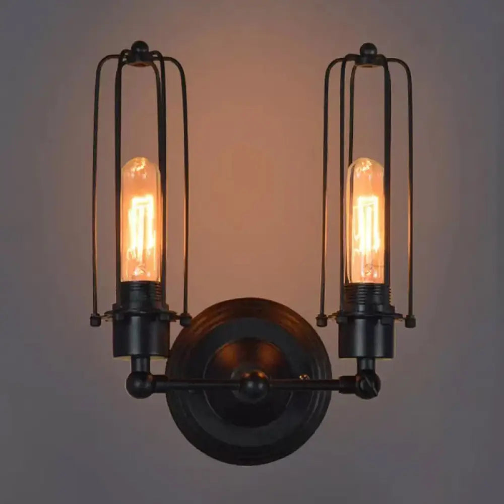 Industrial Bedroom Wall Lamp With 1/2-Head Rotatable Design Tube Metal Cage Black Finish 2 /