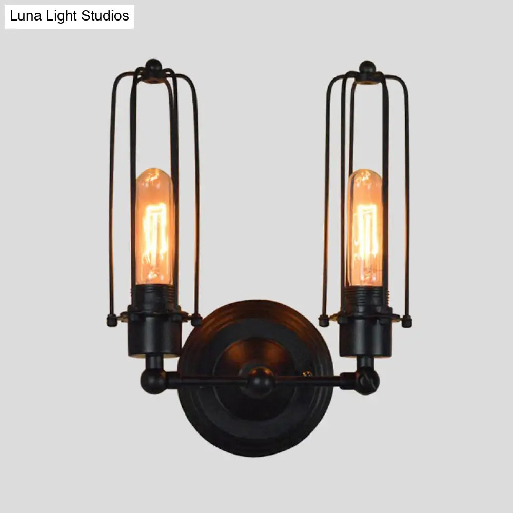 Industrial Bedroom Wall Lamp With 1/2-Head Rotatable Design Tube Metal Cage Black Finish