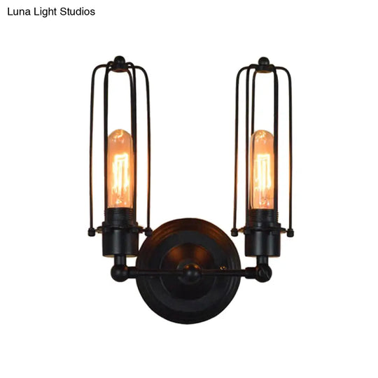 Industrial Bedroom Wall Lamp With 1/2-Head Rotatable Design Tube Metal Cage Black Finish