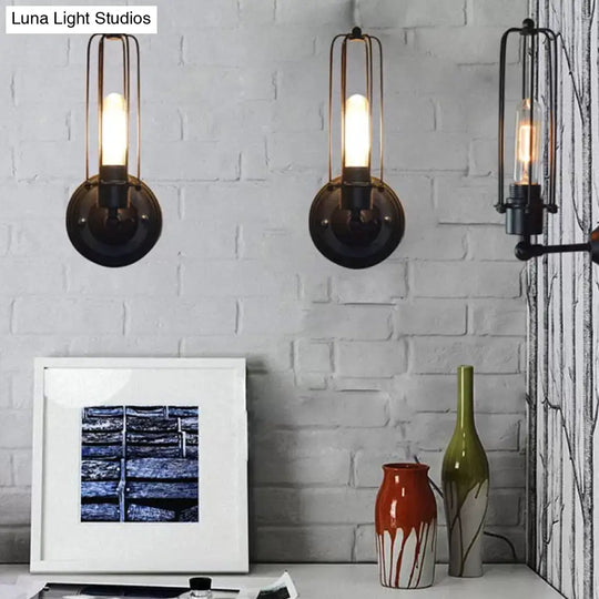 Industrial Bedroom Wall Lamp With 1/2-Head Rotatable Design Tube Metal Cage Black Finish