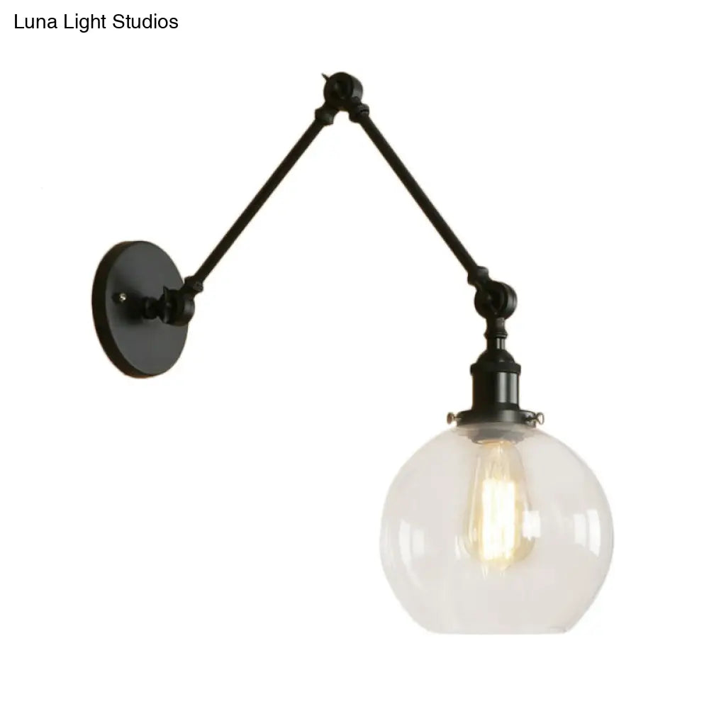 Industrial Bedroom Wall Sconce Lighting Fixture With Clear Glass Globe Shade - Black/Antique