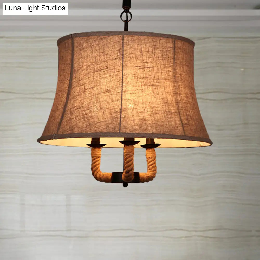 Industrial Beige Multi-Light Chandelier With Fabric Dome Shade - Hemp Rope Accent / Bell