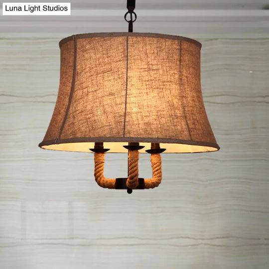 Industrial Beige Multi-Light Chandelier With Fabric Dome Shade - Hemp Rope Accent / Bell