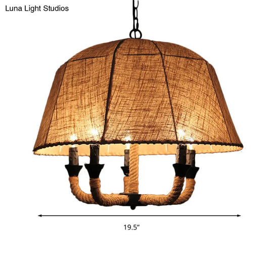 Industrial Beige Multi-Light Chandelier With Fabric Dome Shade - Hemp Rope Accent