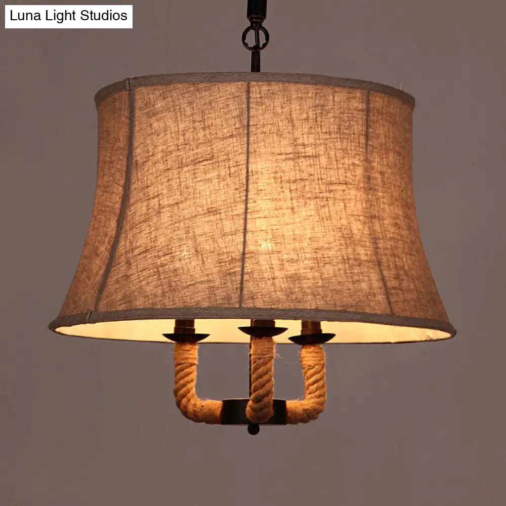 Industrial Beige Multi-Light Chandelier With Fabric Dome Shade - Hemp Rope Accent