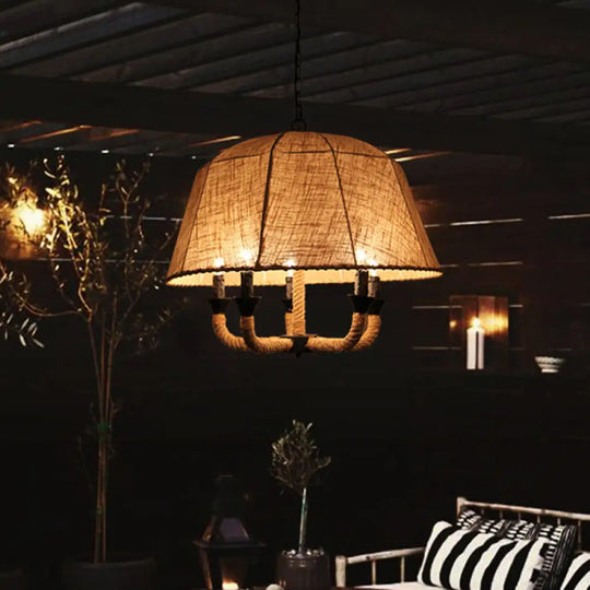 Industrial Beige Chandelier Light With Multi Lights & Fabric Dome Shade - Ceiling Pendant Fixture