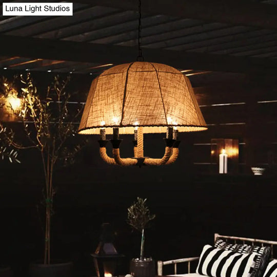 Industrial Beige Multi-Light Chandelier With Fabric Dome Shade - Hemp Rope Accent /