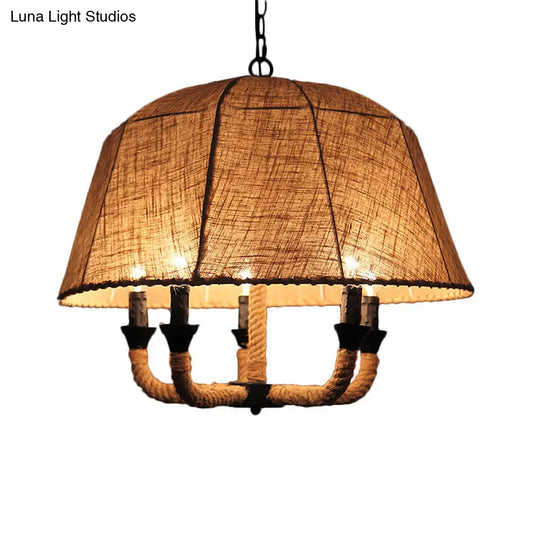 Industrial Beige Multi-Light Chandelier With Fabric Dome Shade - Hemp Rope Accent