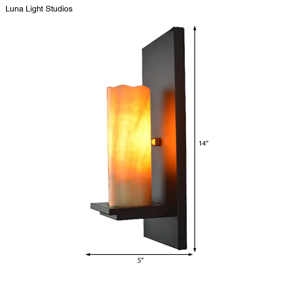 Industrial Beige Marble/Clear Glass Cylinder Sconce - Wall Mounted Bedroom Lamp With Single Bulb