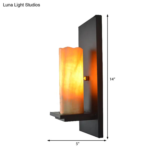 Industrial Beige Marble/Clear Glass Cylinder Sconce - Wall Mounted Bedroom Lamp With Single Bulb