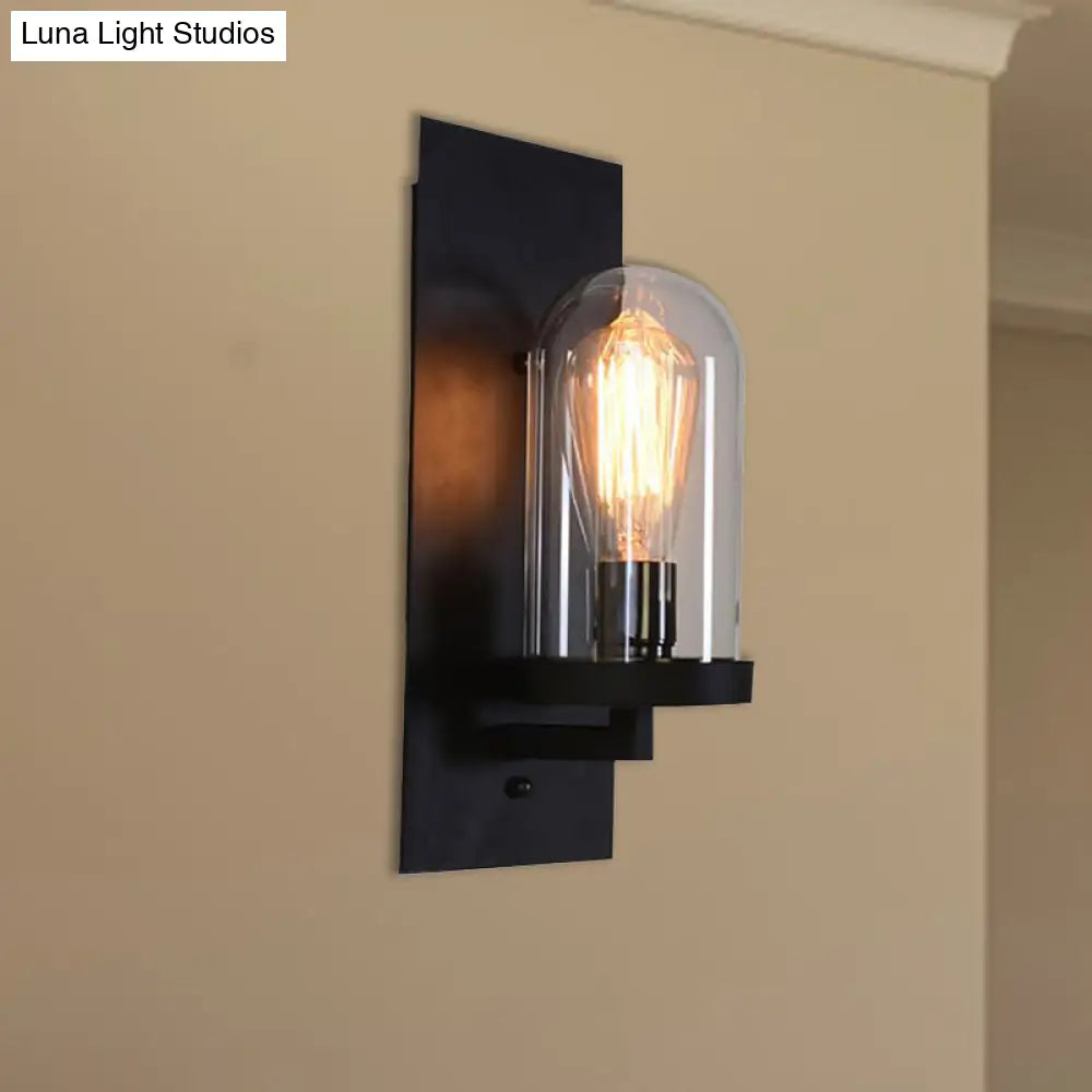 Industrial Beige Marble/Clear Glass Cylinder Sconce - Wall Mounted Bedroom Lamp With Single Bulb