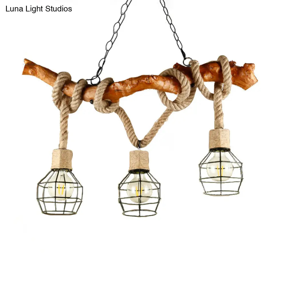 Industrial Beige Metal And Rope Pendant Light Fixture - 3-Light Caged Bubble Island Lamp