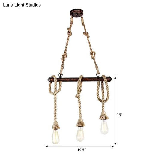 Industrial Beige Metal Island Pendant Light For Dining Room With Rope Accent - 3/5 Heads Open Bulb