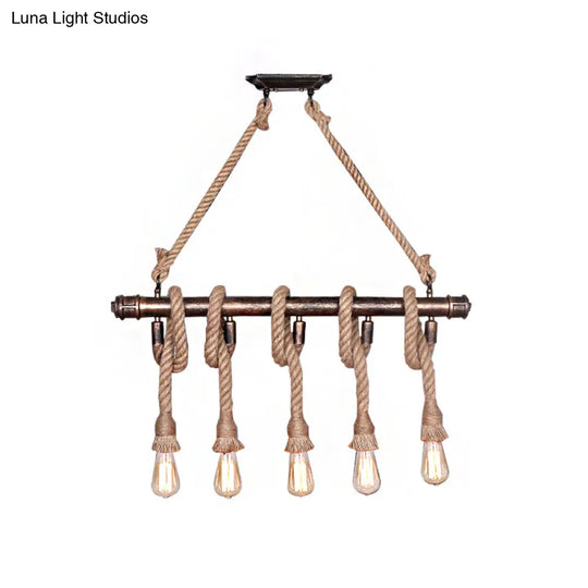 Industrial Beige Metal Island Pendant Light For Dining Room With Rope Accent - 3/5 Heads Open Bulb