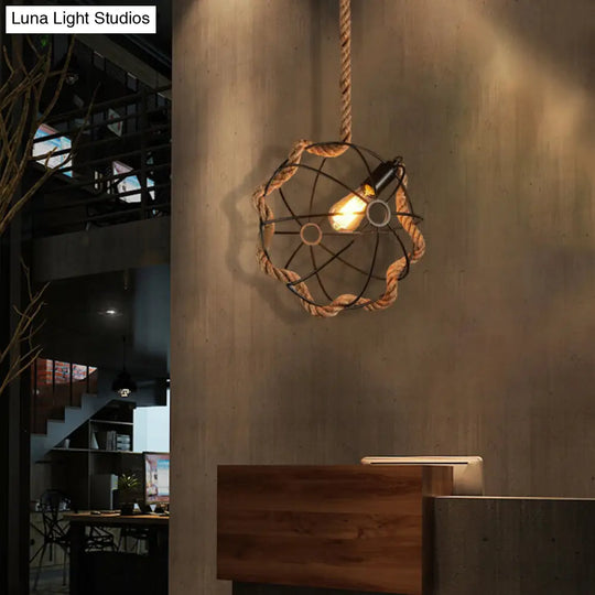 Beige Industrial Metal And Rope Pendant Light - Round Hanging Lamp For Dining Room