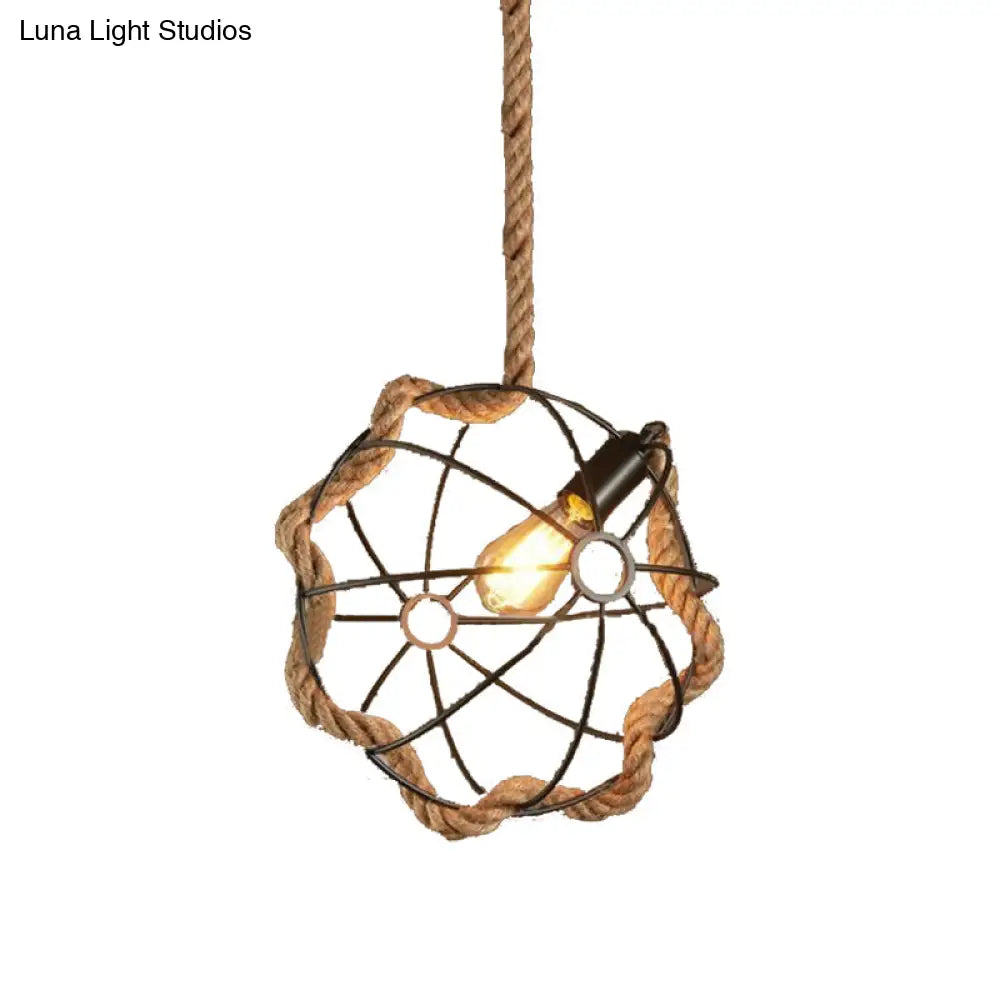 Industrial Beige Pendant Light: Metal & Rope Hanging Lamp For Dining Room