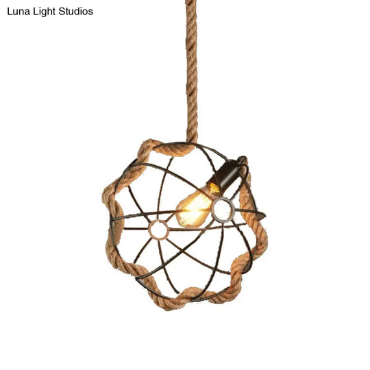 Beige Industrial Metal And Rope Pendant Light - Round Hanging Lamp For Dining Room