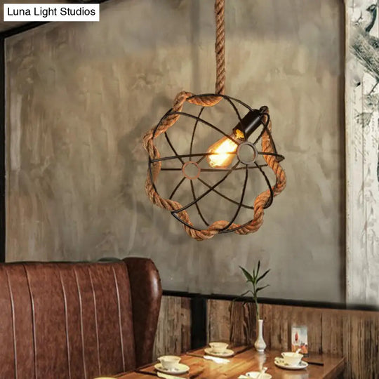 Beige Industrial Metal And Rope Pendant Light - Round Hanging Lamp For Dining Room