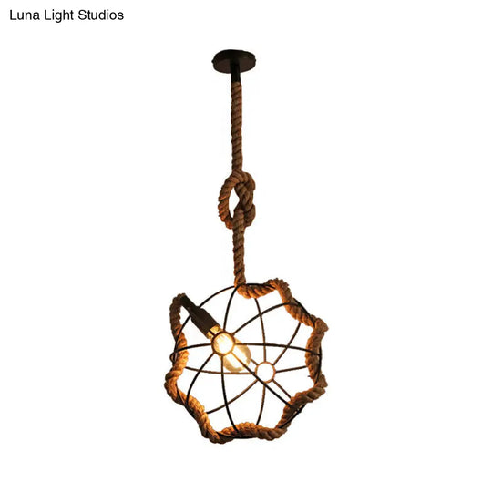 Beige Industrial Metal And Rope Pendant Light - Round Hanging Lamp For Dining Room