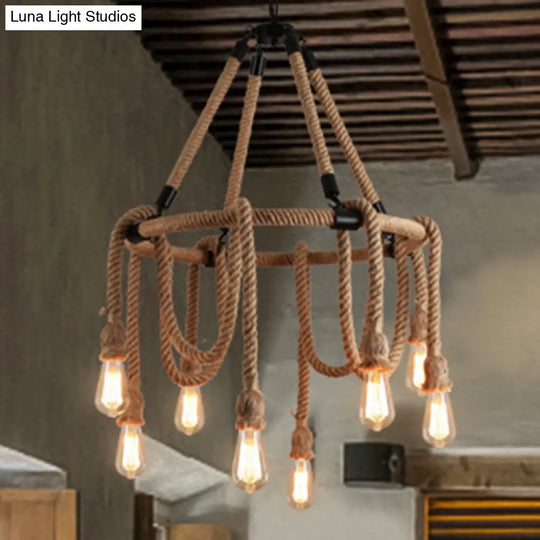 Industrial Beige Rope Chandelier - Exposed Bulbs 6/8 Lights Ideal For Dining Room