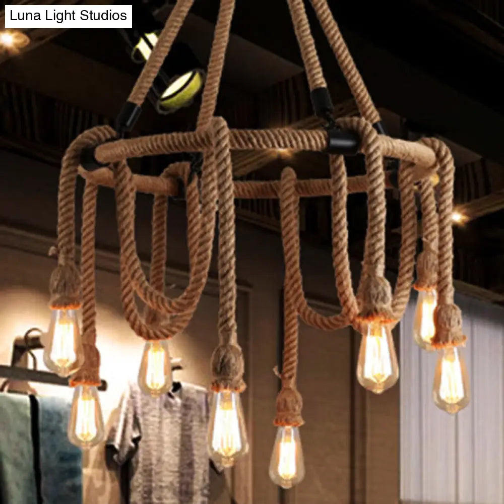 Industrial Exposed Bulb Chandelier: Beige Rope Hanging Fixture For Dining Room - 6/8 Light 8 /