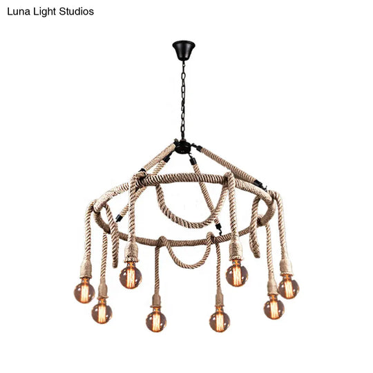 Industrial Exposed Bulb Chandelier: Beige Rope Hanging Fixture For Dining Room - 6/8 Light