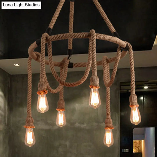 Industrial Exposed Bulb Chandelier: Beige Rope Hanging Fixture For Dining Room - 6/8 Light 6 /