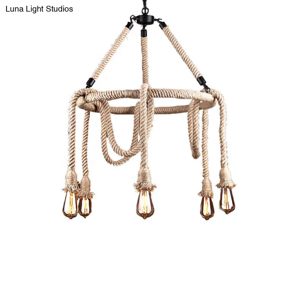 Industrial Beige Rope Chandelier - Exposed Bulbs 6/8 Lights Ideal For Dining Room