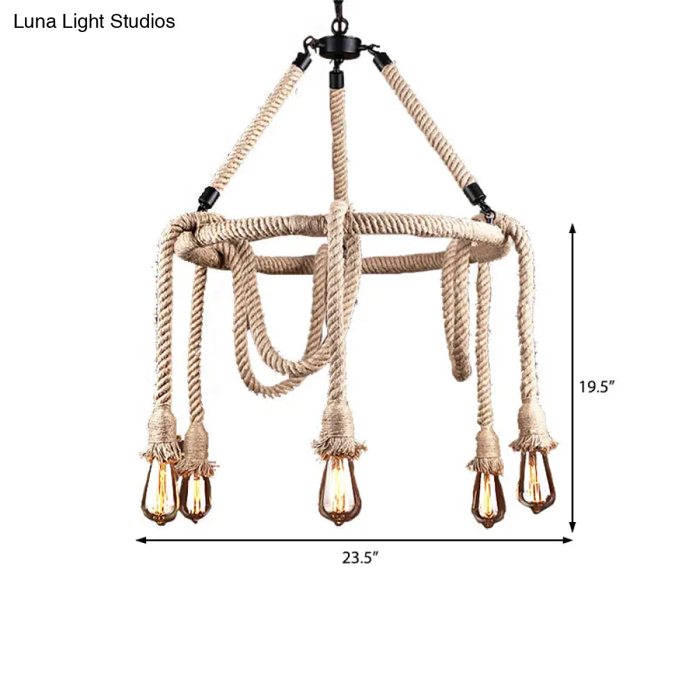 Industrial Beige Rope Chandelier - Exposed Bulbs 6/8 Lights Ideal For Dining Room