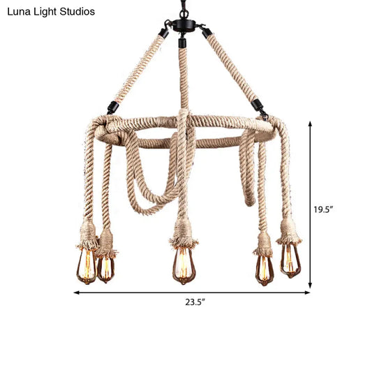 Industrial Beige Rope Chandelier - Exposed Bulbs 6/8 Lights Ideal For Dining Room