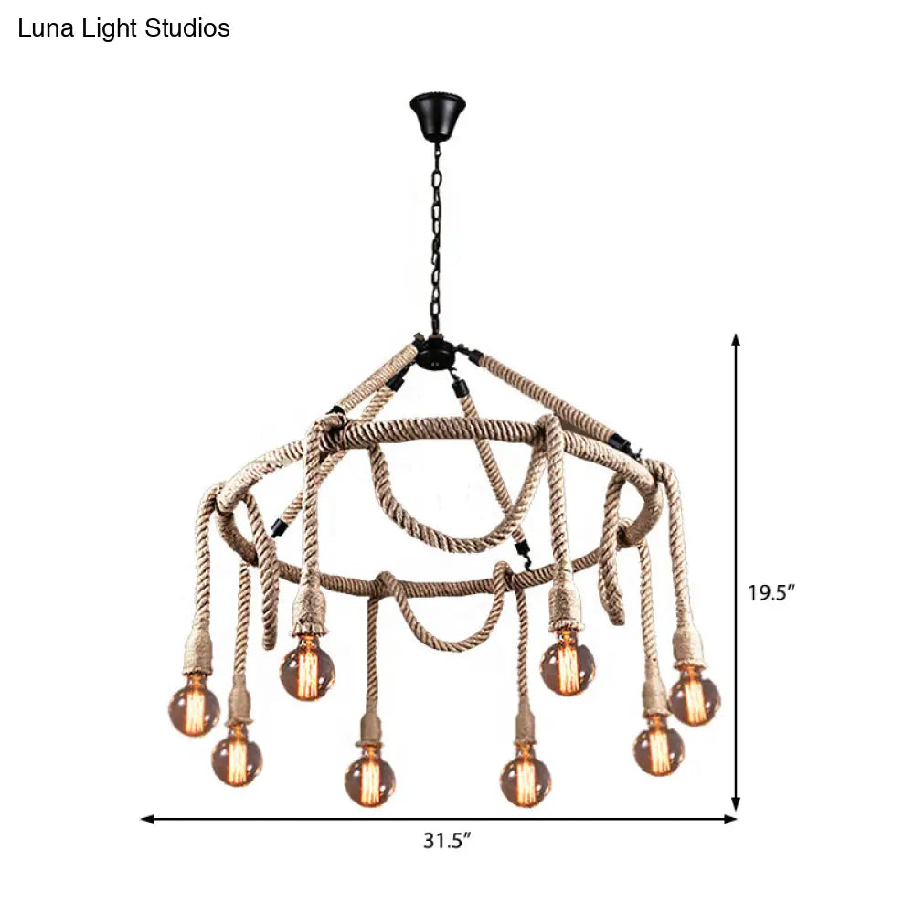 Industrial Exposed Bulb Chandelier: Beige Rope Hanging Fixture For Dining Room - 6/8 Light