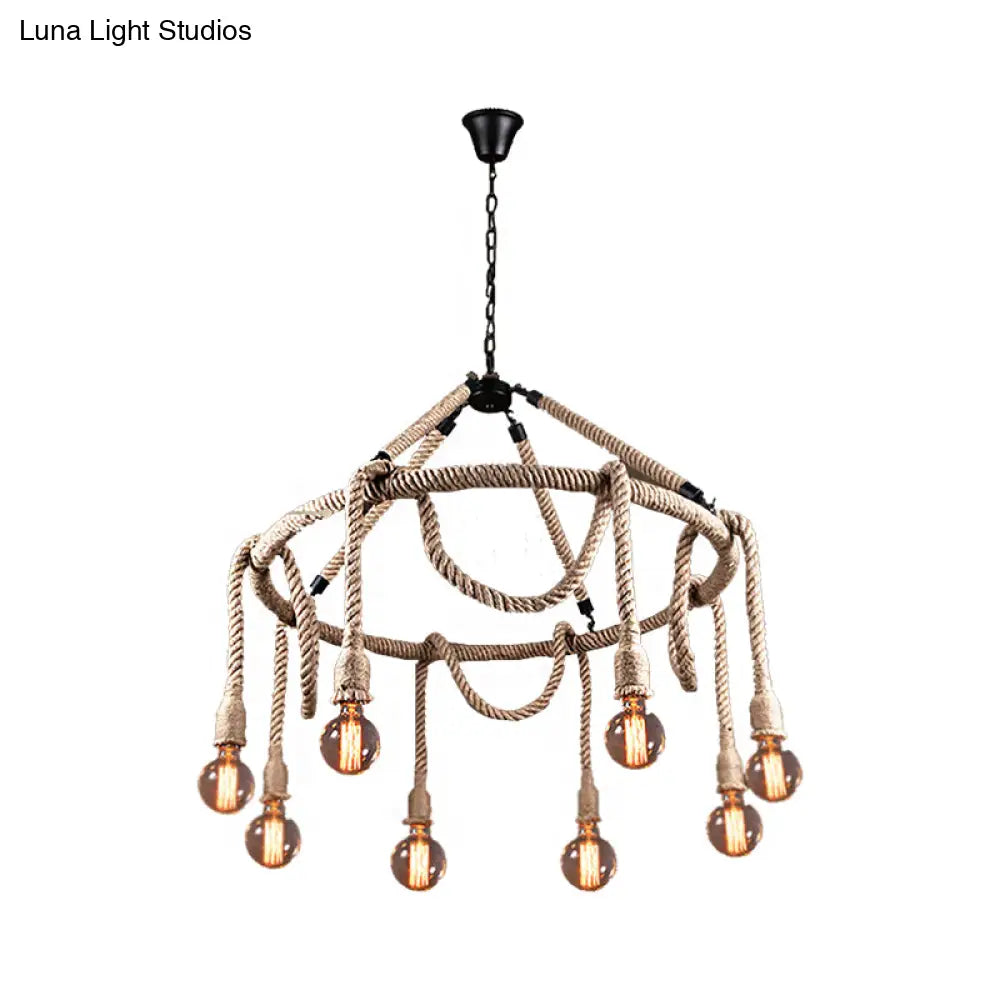 Industrial Beige Rope Chandelier - Exposed Bulbs 6/8 Lights Ideal For Dining Room