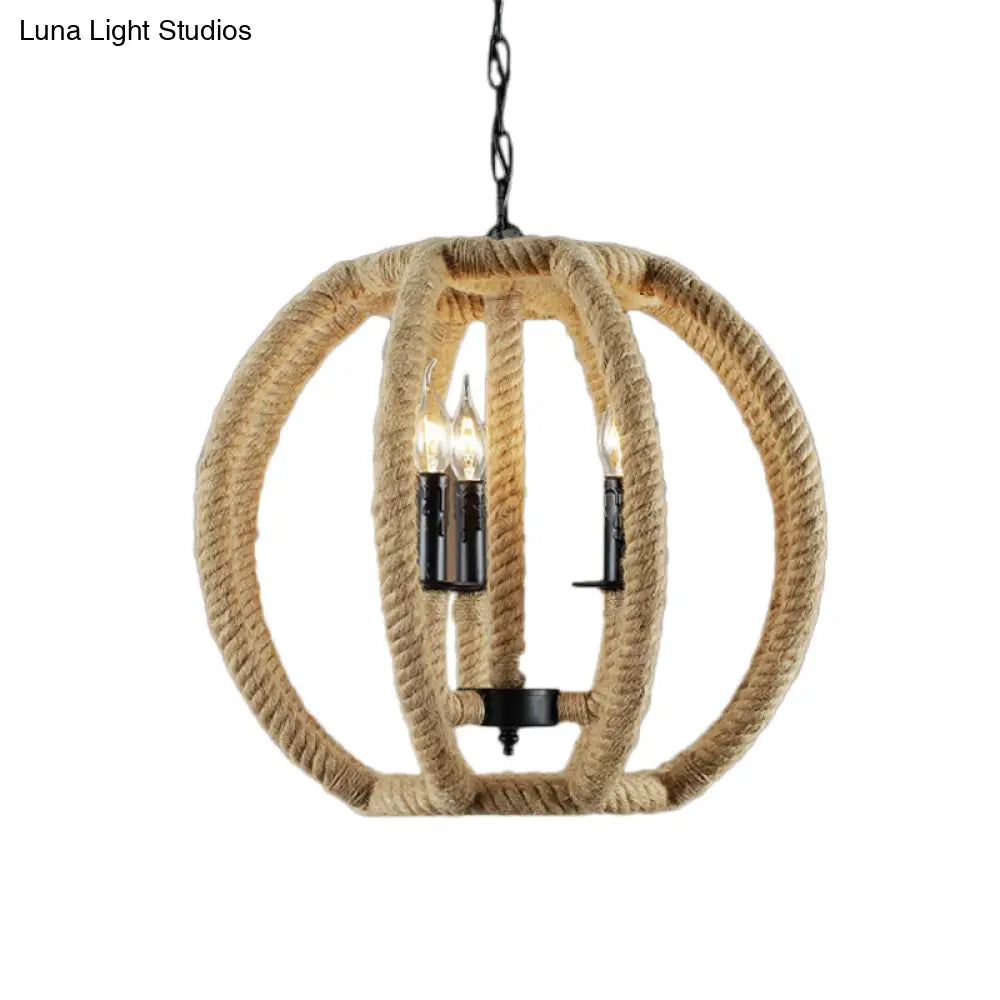 Industrial Beige Rope Pendant Light Fixture - 3-Light Globe Chandelier For Dining Room