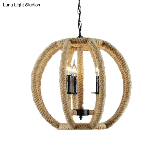 Industrial Beige Rope Pendant Light Fixture - 3-Light Globe Chandelier For Dining Room